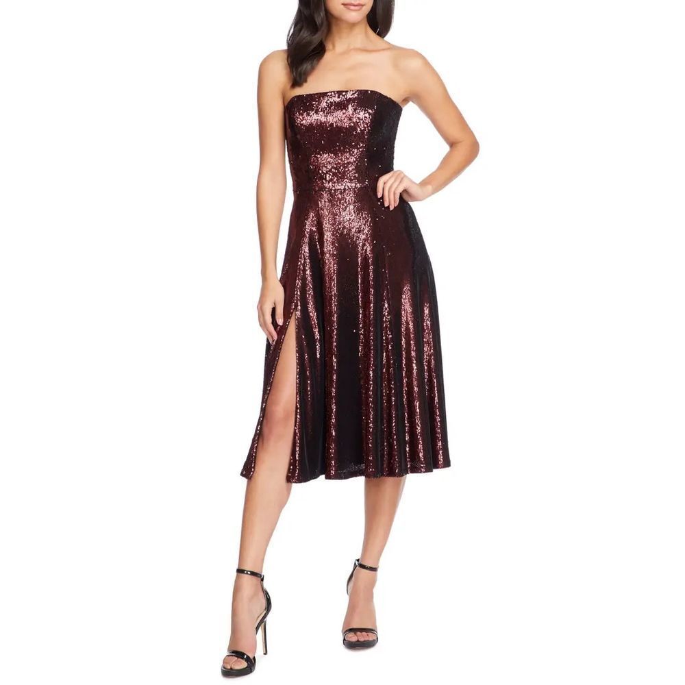 Dress the Population Sequin Strapless Midi Dress - Burgundy